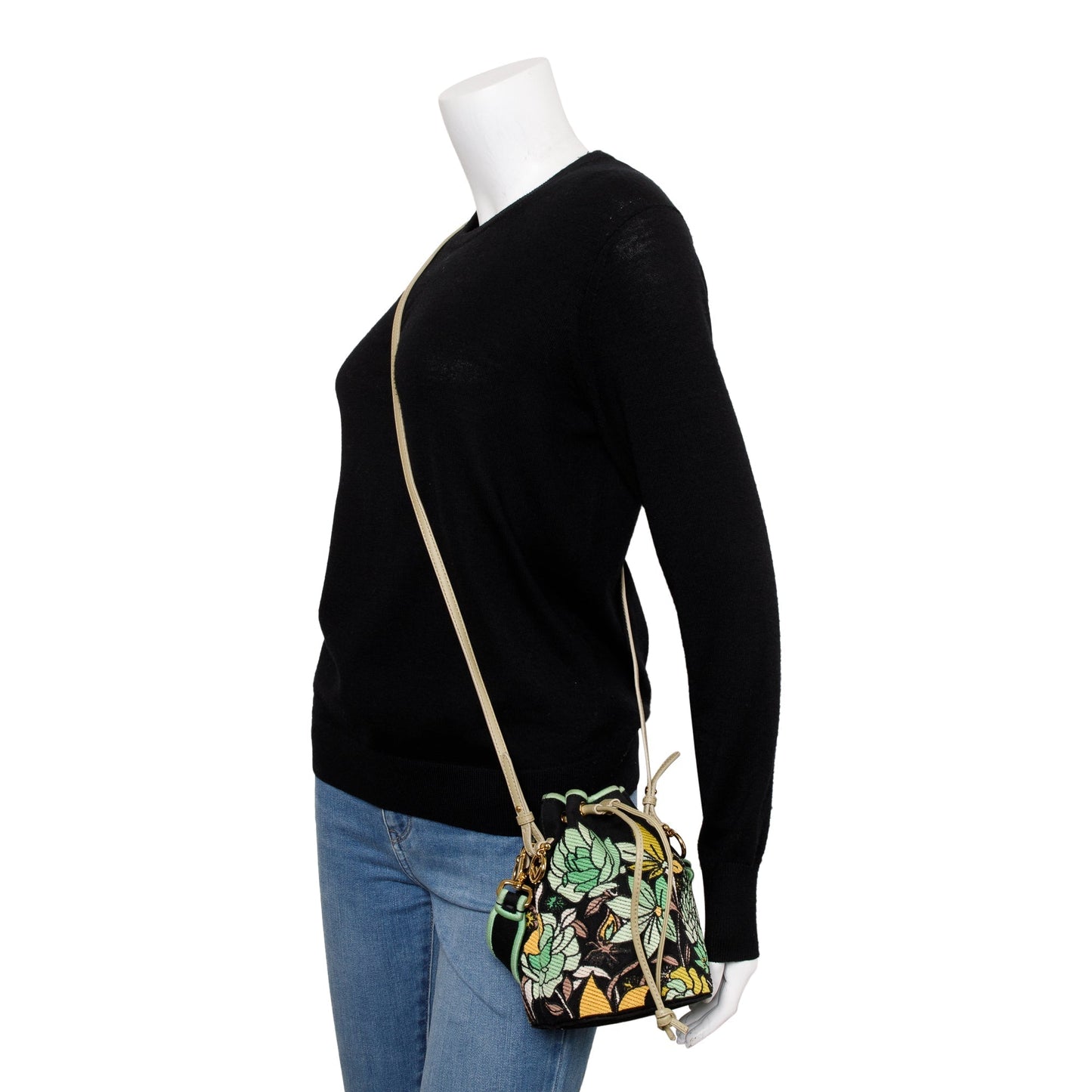 Fendi Black/Green Floral Embroidered Canvas Psychedelic Mini Mon Tresor Bucket Bag