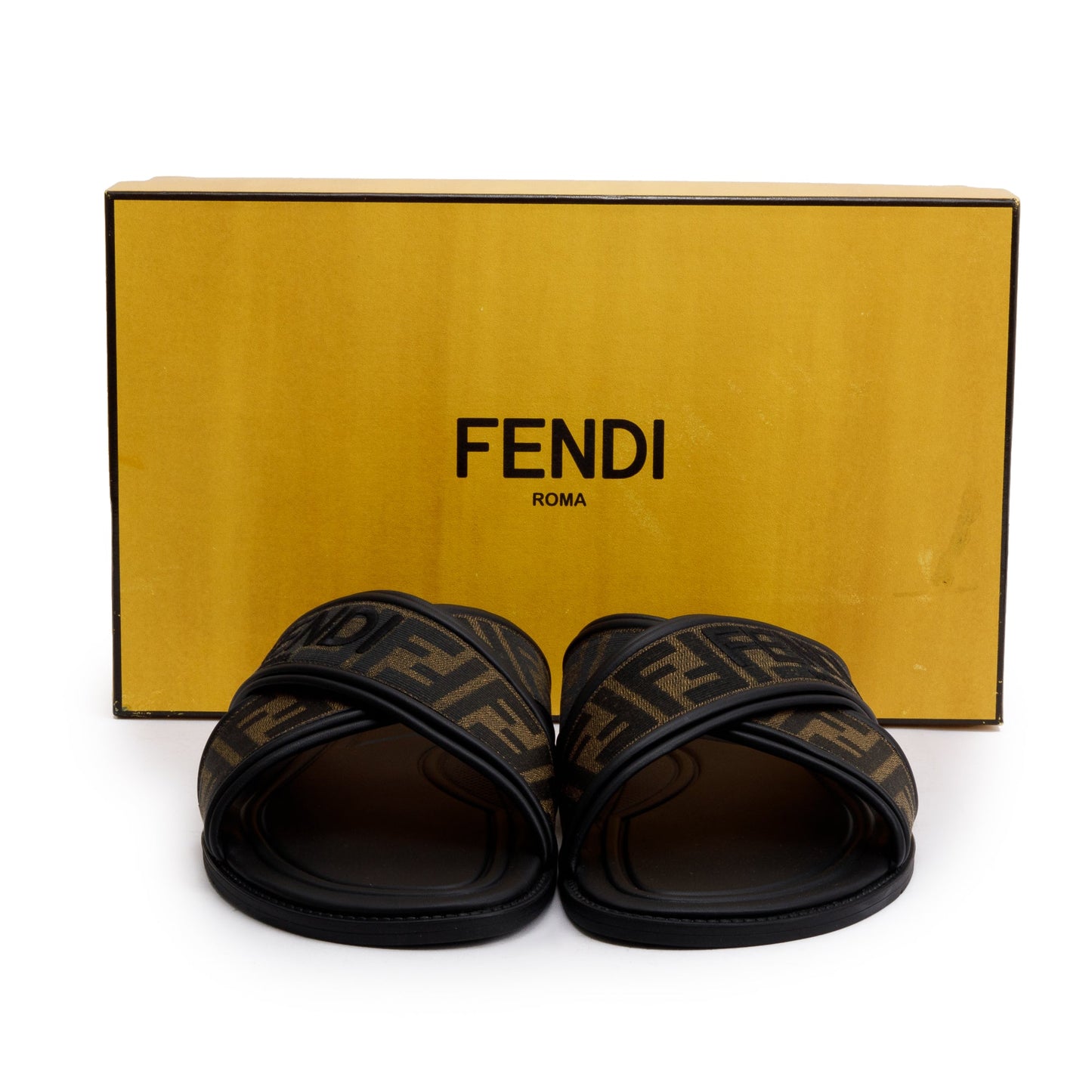 Fendi Brown Zucca FF Logo Canvas Slides, Size 11