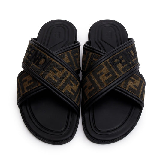 Fendi Brown Zucca FF Logo Canvas Slides, Size 11
