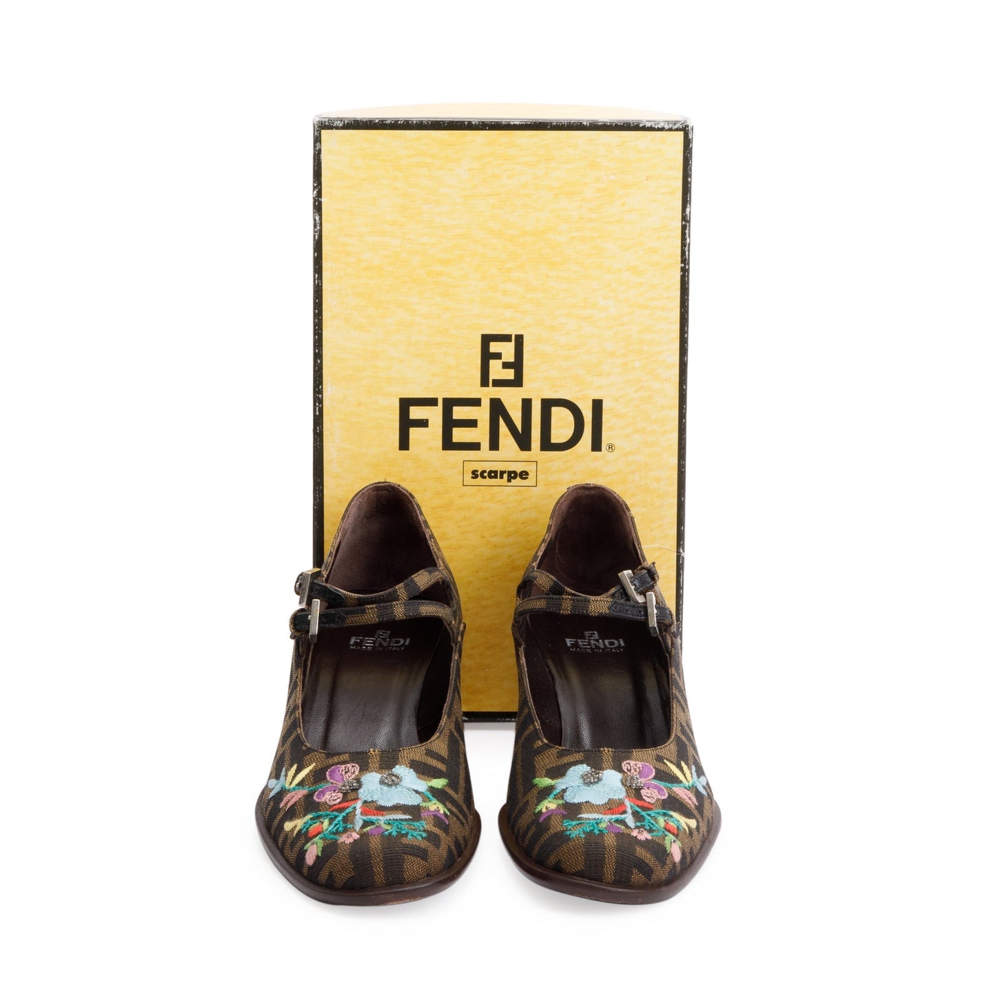 Fendi Embroidered FF Zucca Canvas Mary Jane Pumps, Size 10