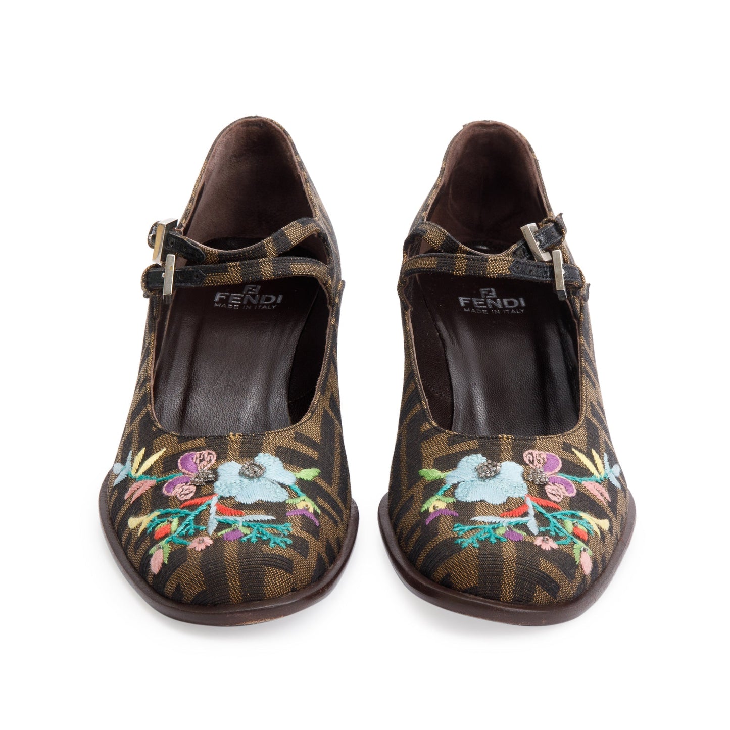 Fendi Embroidered FF Zucca Canvas Mary Jane Pumps, Size 10