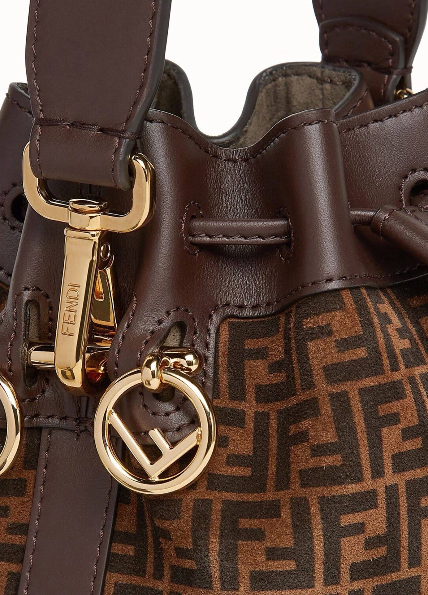 FENDI FF MINI SUEDE AND LEATHER MON TR SOR BUCKET BAG