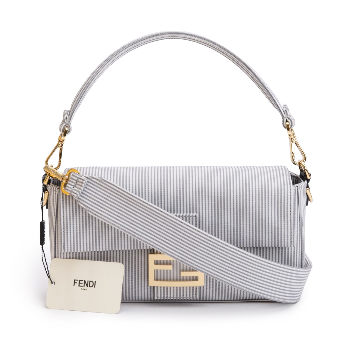 Fendi Grey/White Striped Cotton Cuoio Betagna Baguette Grigio Shoulder Bag