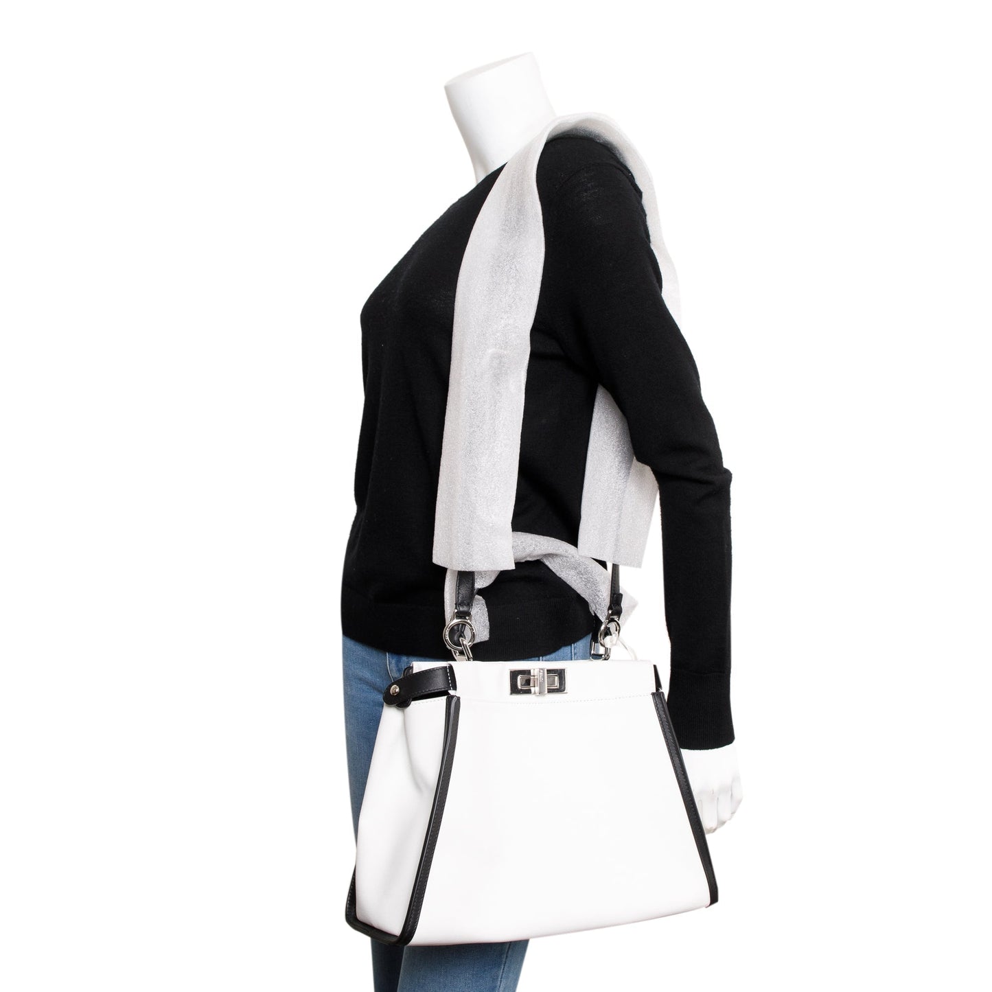 Fendi White & Black Canvas Calf Leather Medium Peekaboo Bag