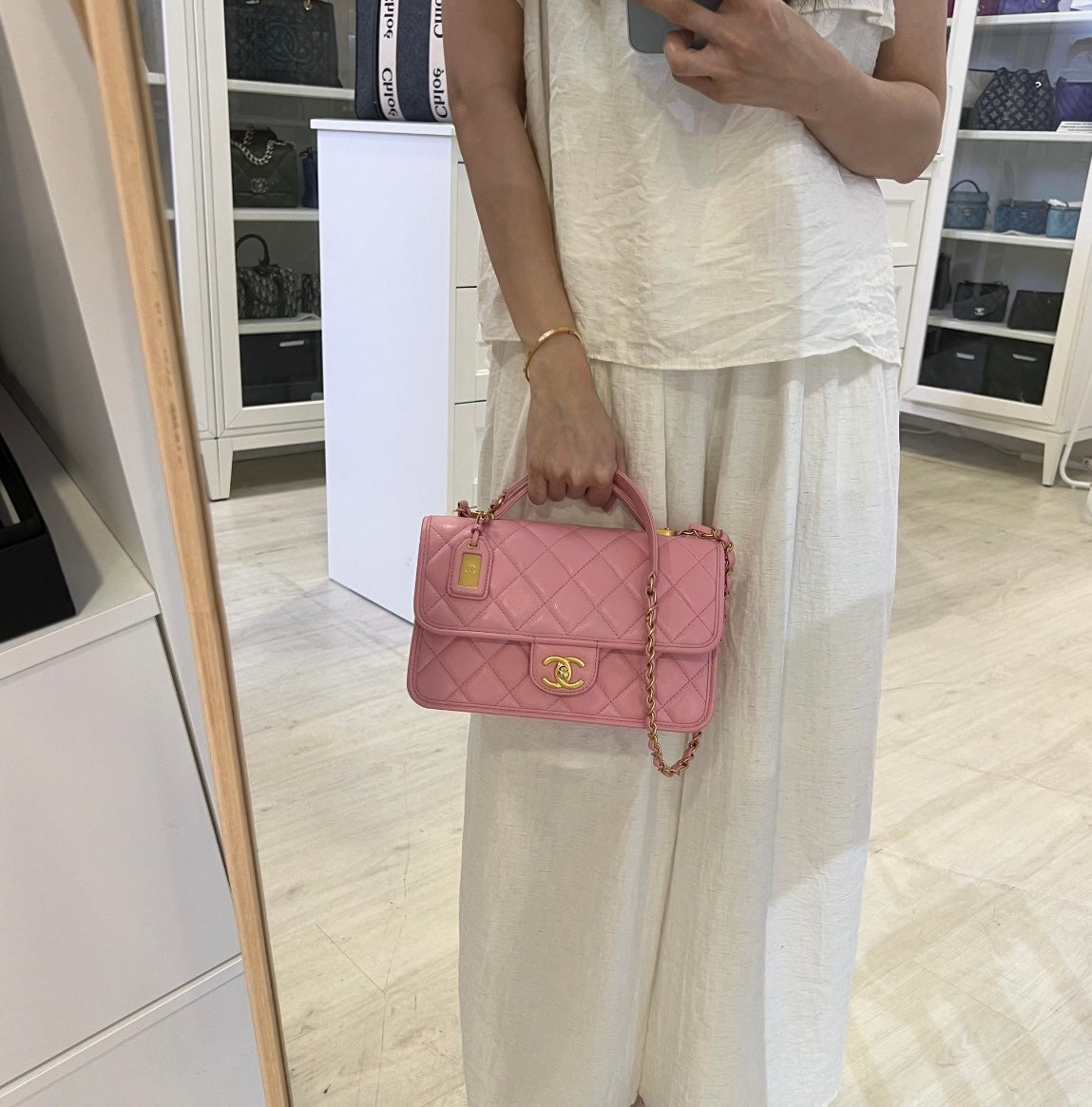 Chanel 22K Seasonal Flap with Top Handle in Pink Caviar and AGHW (Model: AS3653) Handbag