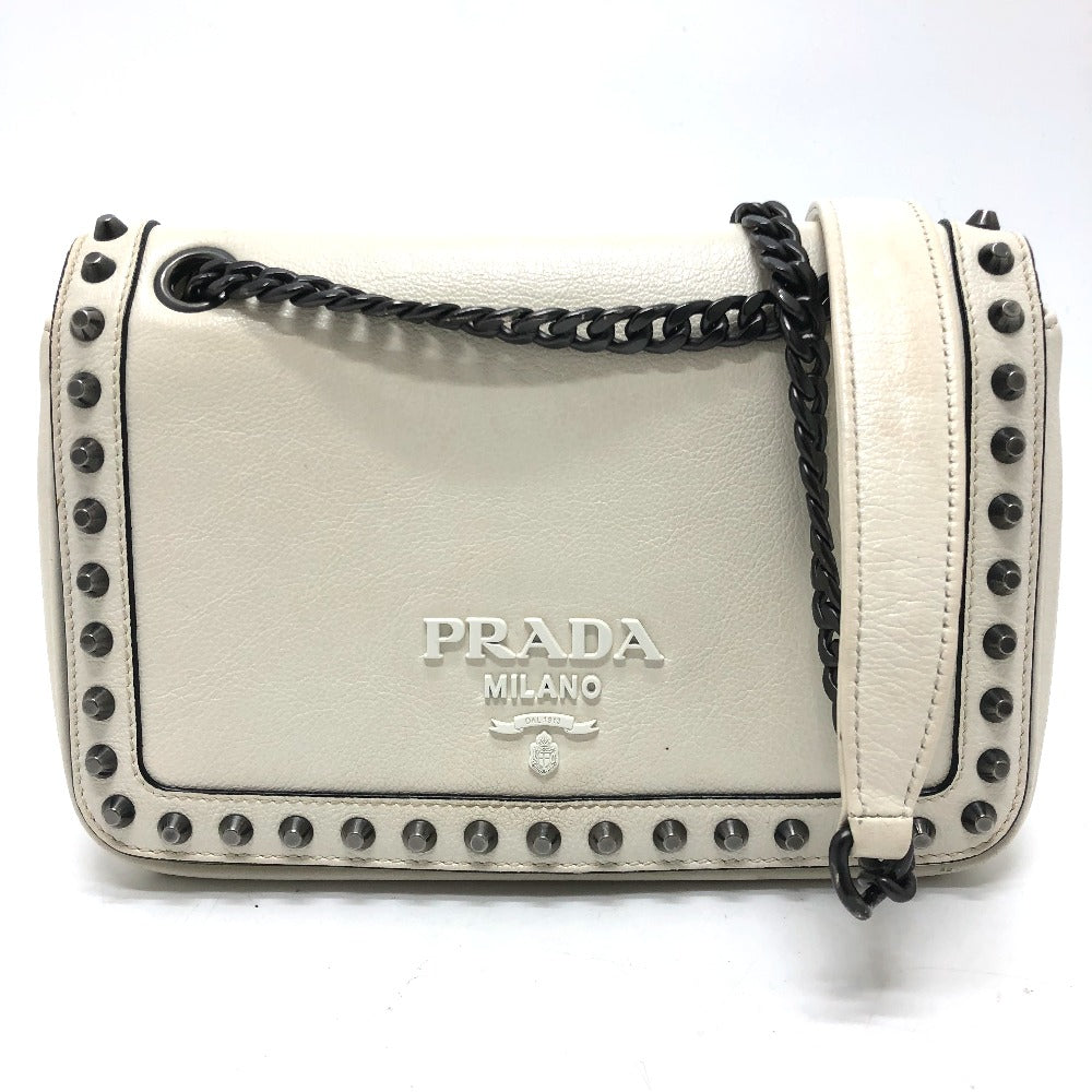 PRADA Shoulder Bag leather white logo studs ChainShoulder Women