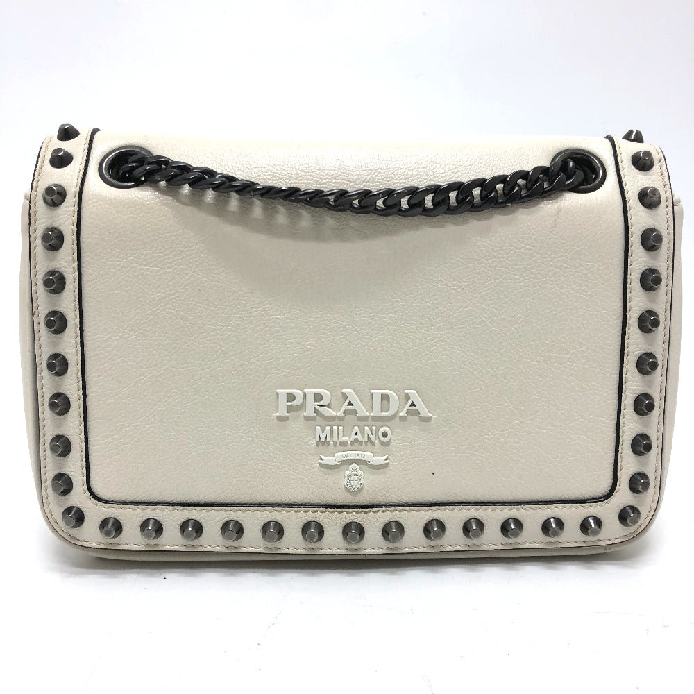 PRADA Shoulder Bag leather white logo studs ChainShoulder Women