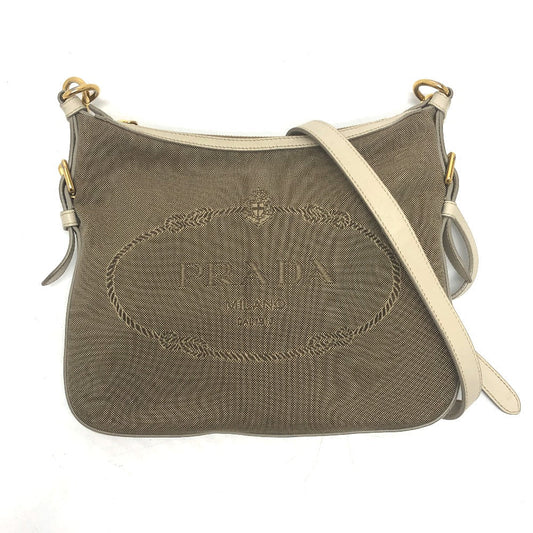 PRADA Shoulder Bag Canvas / leather beige logo Jacquard Women