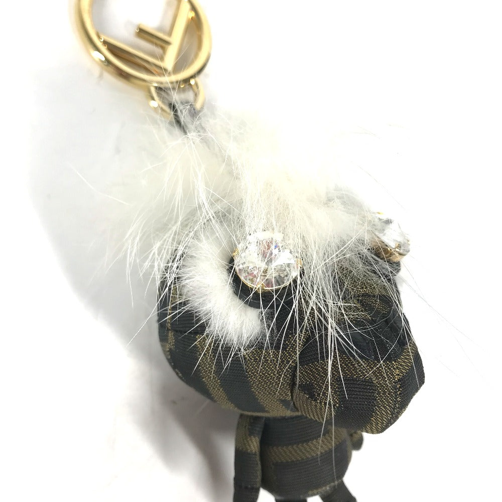FENDI Bag charm canvas Brown Fur Rhinestones ZUCCA logo monster space monkey Women
