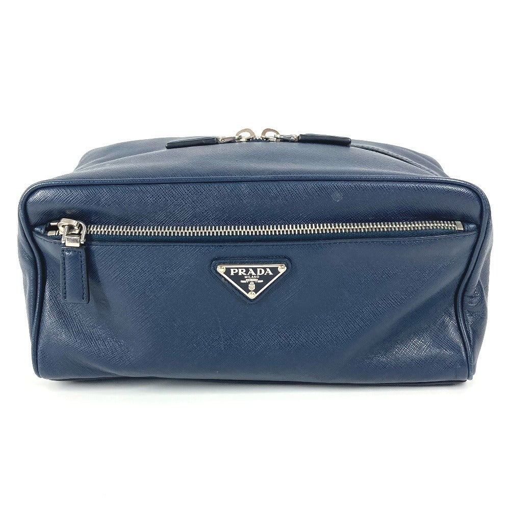 PRADA Clutch bag saffiano leather Navy Triangle logo plate unisex(Unisex)