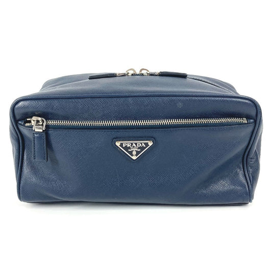 PRADA Clutch bag saffiano leather Navy Triangle logo plate unisex(Unisex)
