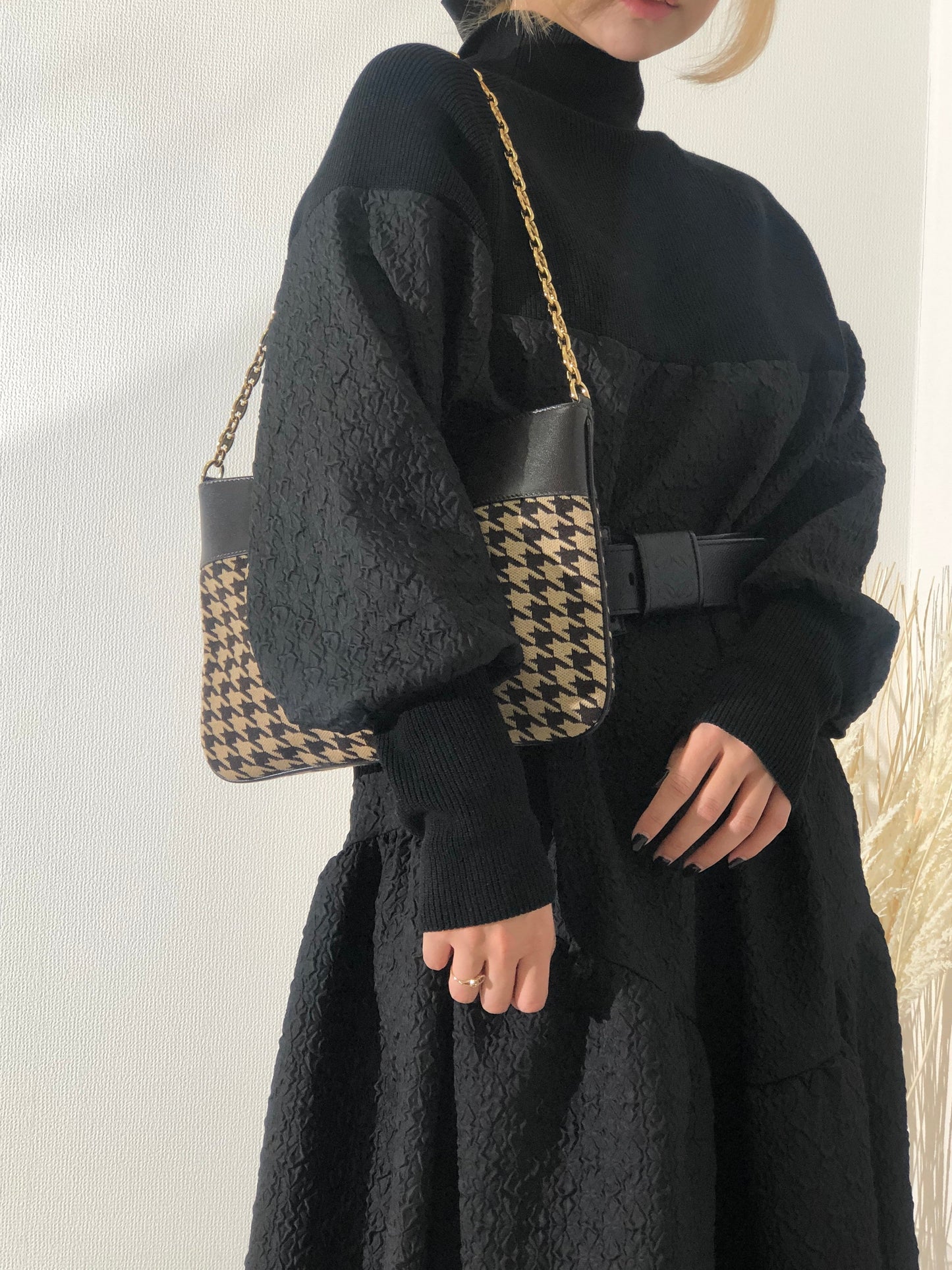 CELINE Triomphe Chain Houndstooth Fabric Leather Handbag Chain Shoulder bag Beige Brown f8gihb