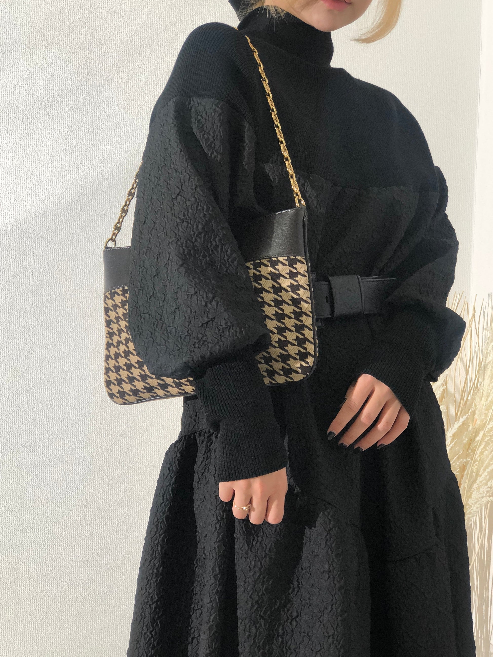 CELINE Triomphe Chain Houndstooth Fabric Leather Handbag Chain Shoulder bag Beige Brown f8gihb
