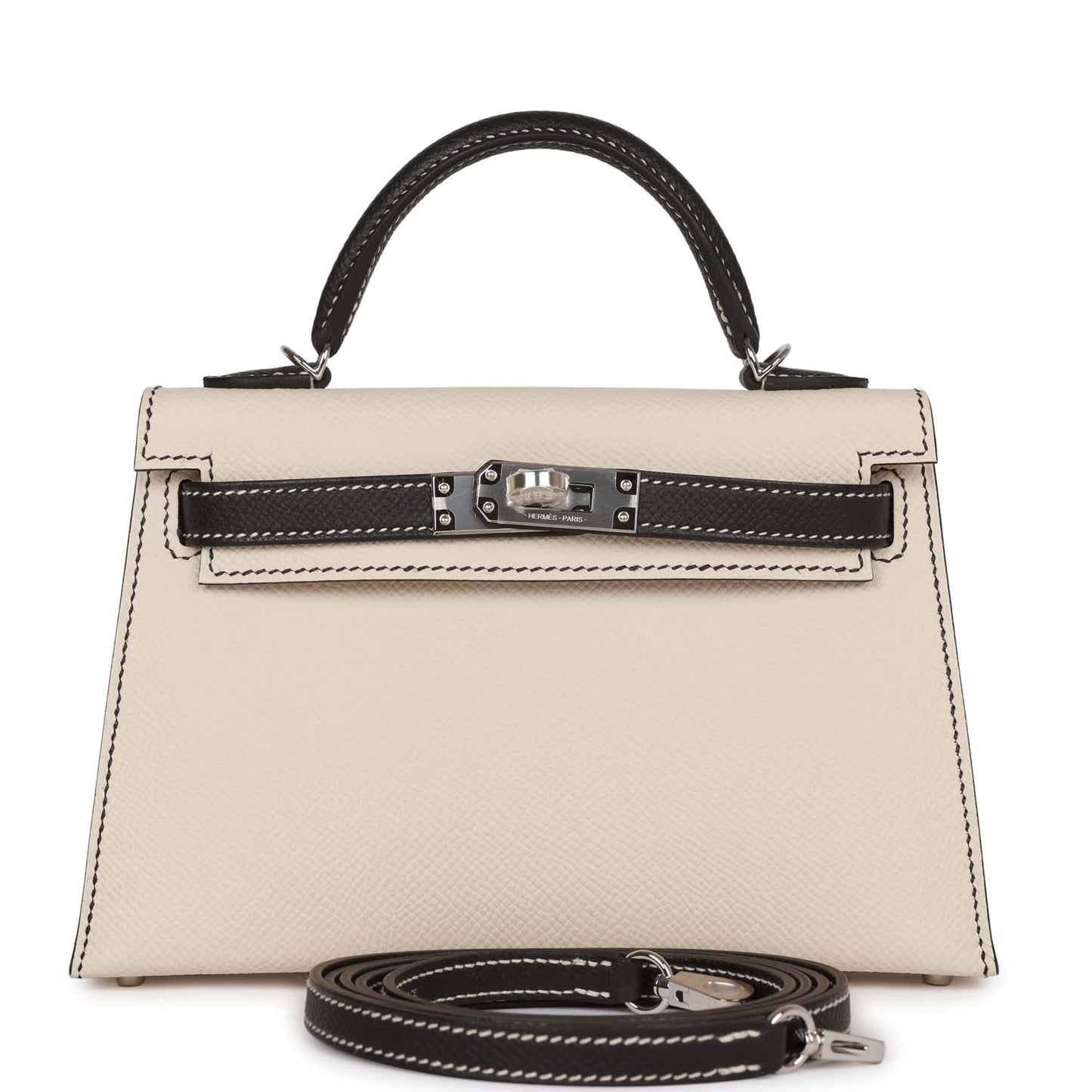 Hermes Special Order (HSS) Kelly 20 Sellier Craie and Black Epsom Palladium Hardware