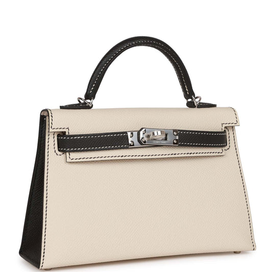 Hermes Special Order (HSS) Kelly 20 Sellier Craie and Black Epsom Palladium Hardware