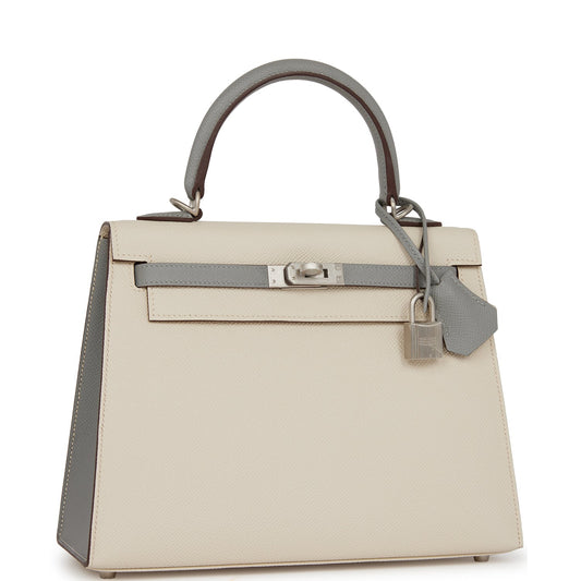 Hermes Kelly 25 Sellier Craie and Gris Mouette Epsom Brushed Palladium Hardware