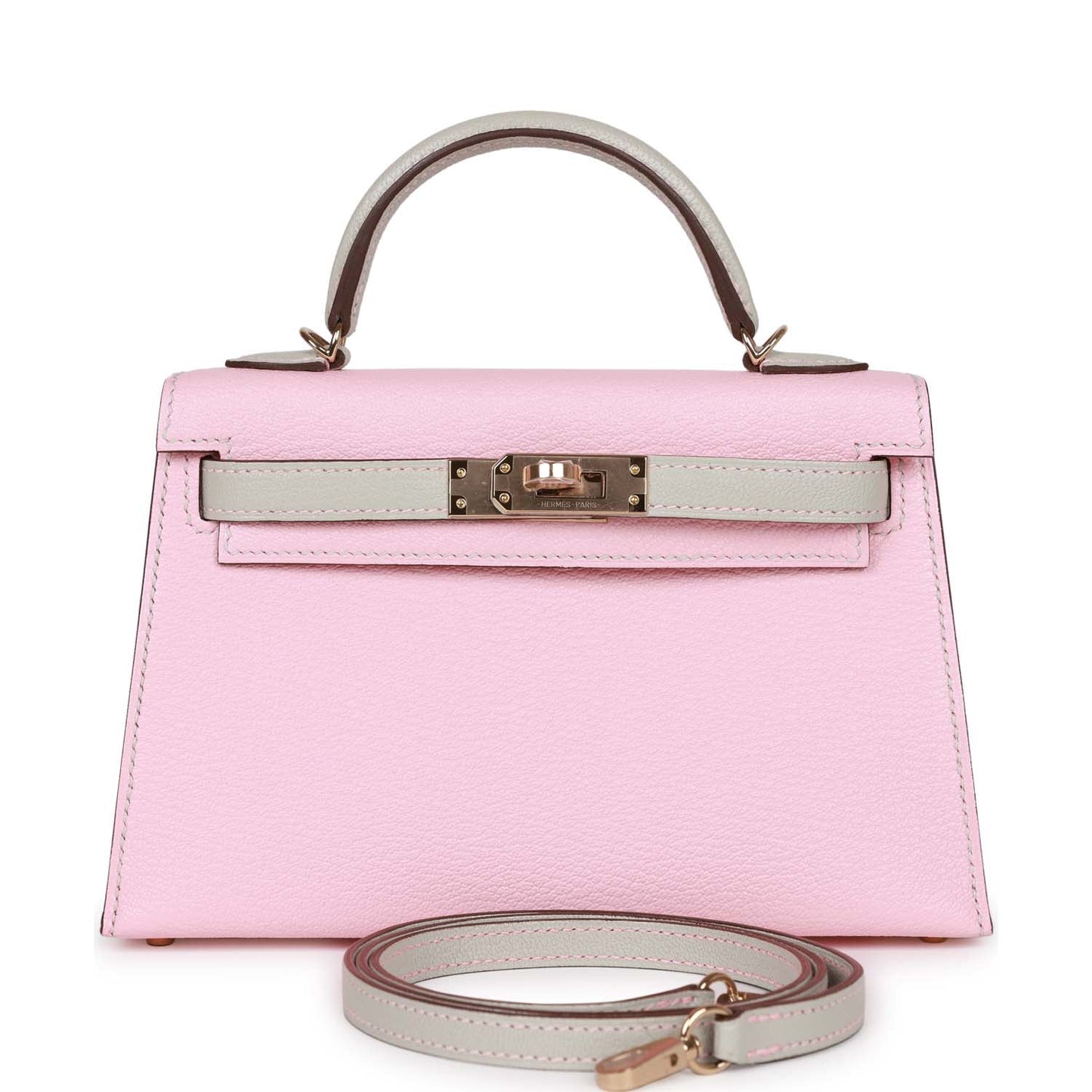 Hermes Kelly 20 Rose Sakura and Gris Perle Chevre Mysore Permabrass