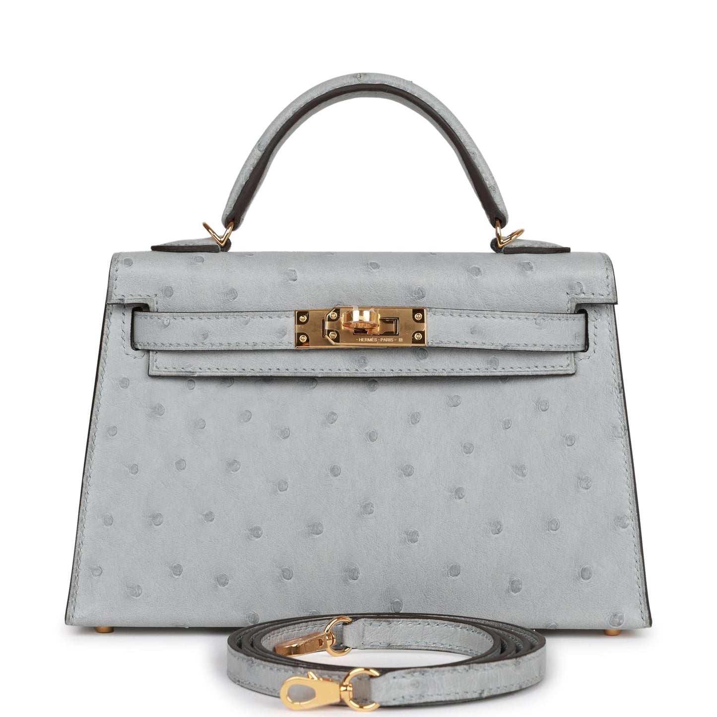 Hermes Kelly 20 Sellier Bleu Glacier Ostrich Gold Hardware