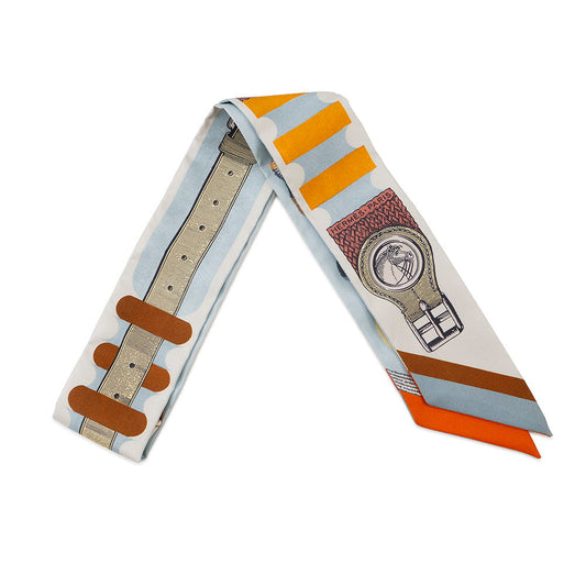 HERMES Twilly "Brid a Block/Poetic Catalog" Mastic/Blue/Saffron Silk