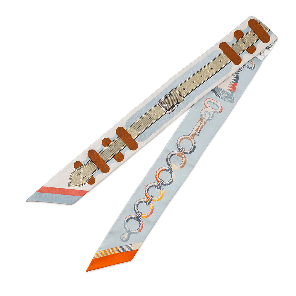 HERMES Twilly "Brid a Block/Poetic Catalog" Mastic/Blue/Saffron Silk