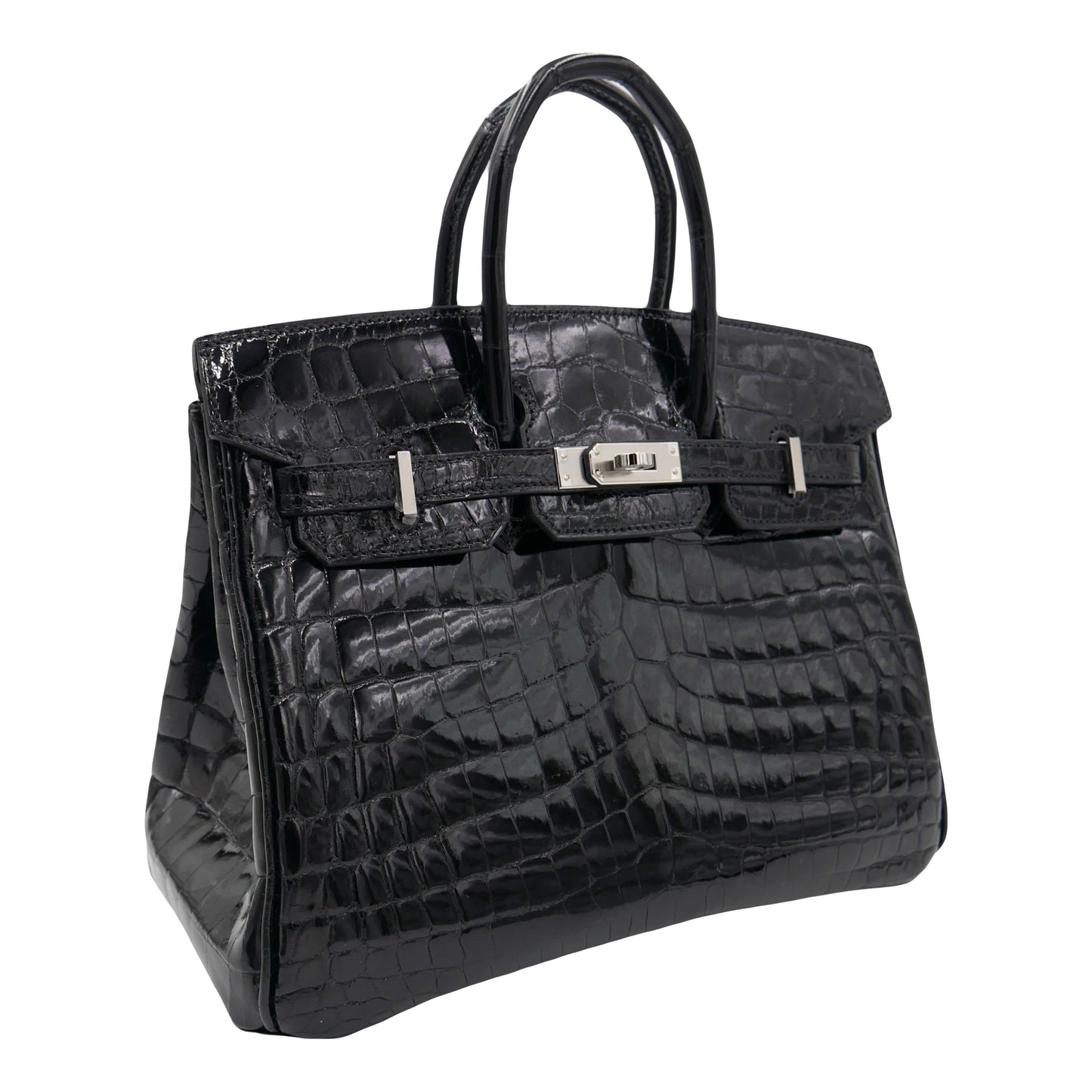 Hermes25cm Birkin Black Shiny Niloticus Crocodile Palladium Hardware