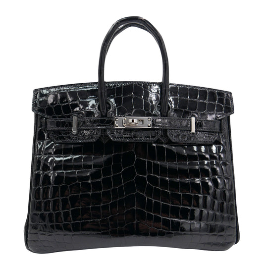 Hermes25cm Birkin Black Shiny Niloticus Crocodile Palladium Hardware