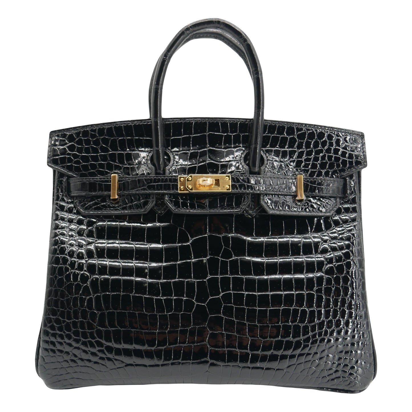 Hermes25cm Birkin Black Shiny Porosus Crocodile Gold Hardware