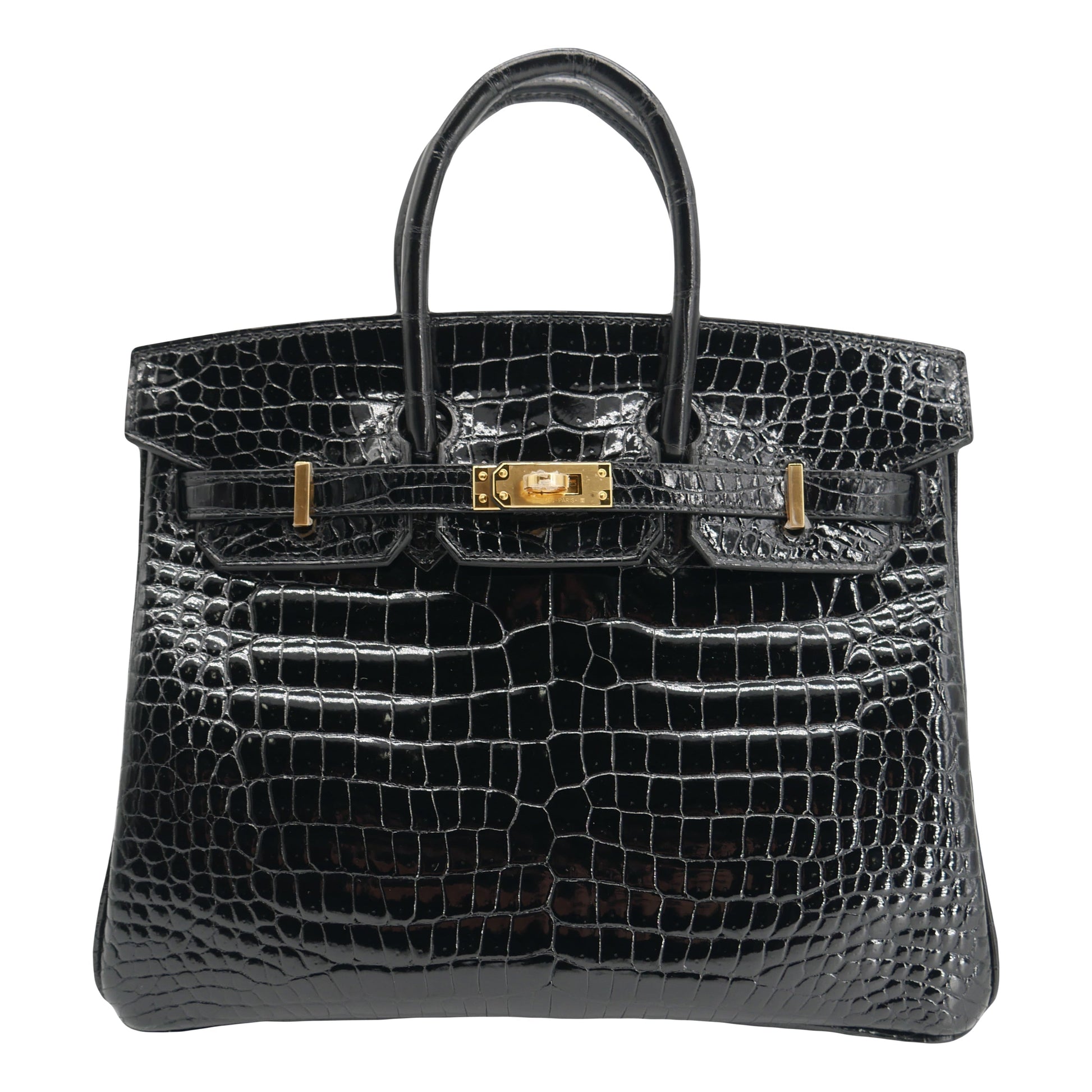 Hermes25cm Birkin Black Shiny Porosus Crocodile Gold Hardware