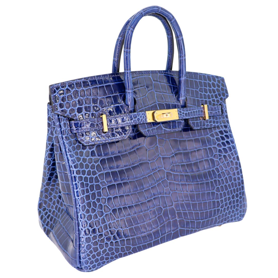 Hermes25cm Birkin Bleu Saphir Shiny Porosus Crocodile Gold Hardware