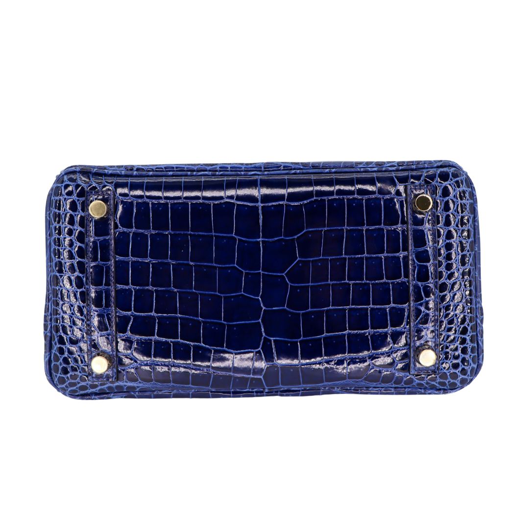 Hermes25cm Birkin Bleu Saphir Shiny Porosus Crocodile Gold Hardware