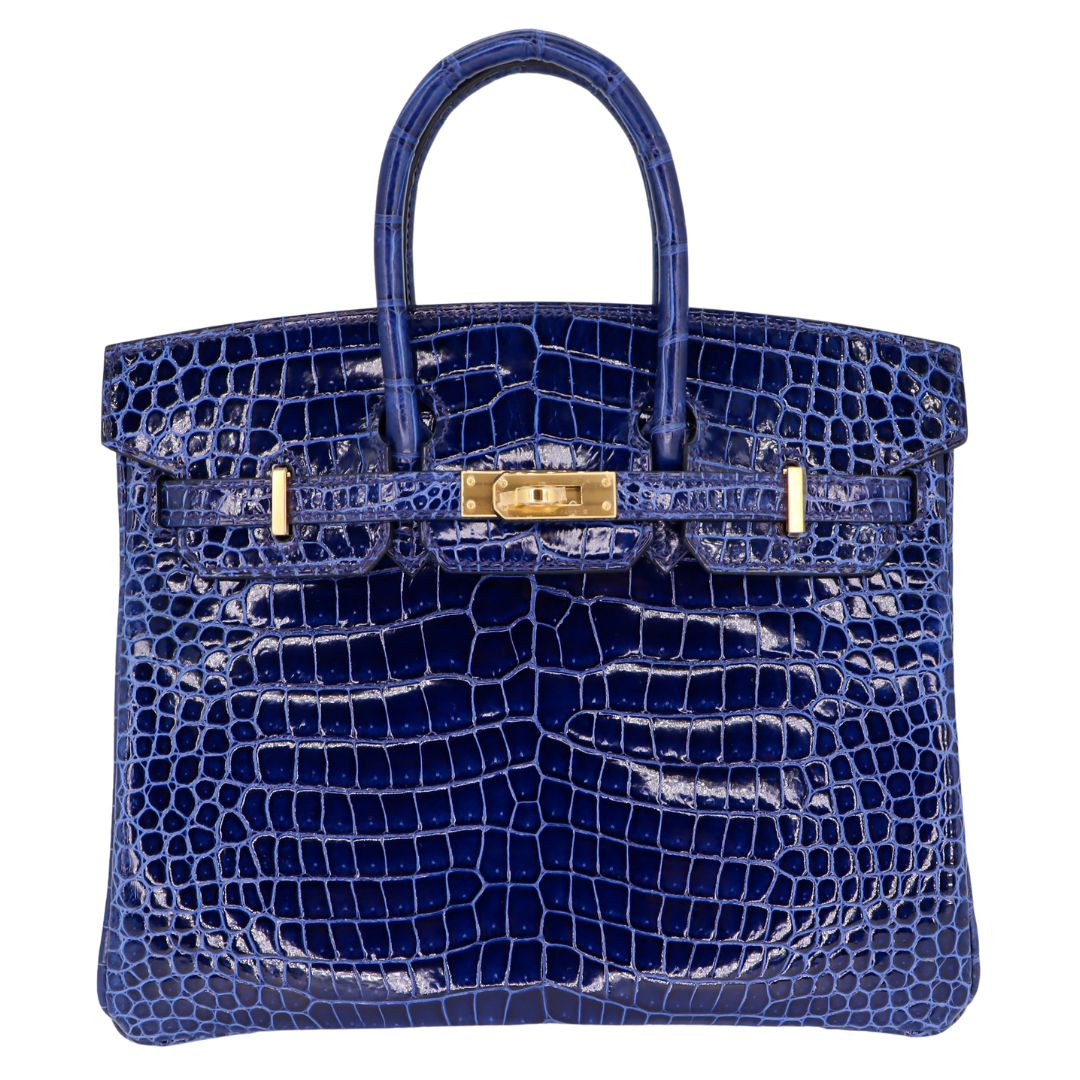 Hermes25cm Birkin Bleu Saphir Shiny Porosus Crocodile Gold Hardware