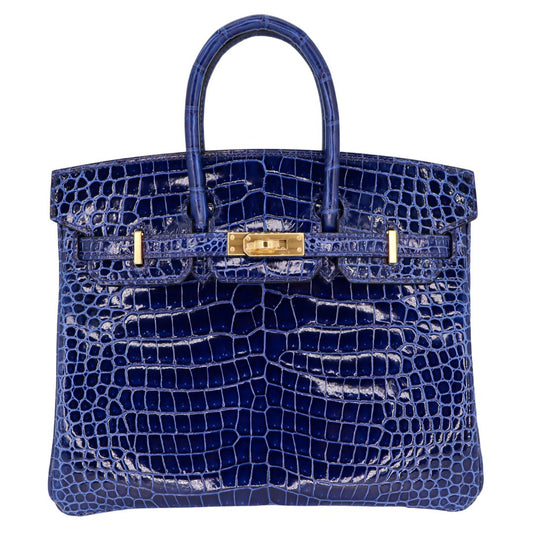 Hermes25cm Birkin Bleu Saphir Shiny Porosus Crocodile Gold Hardware