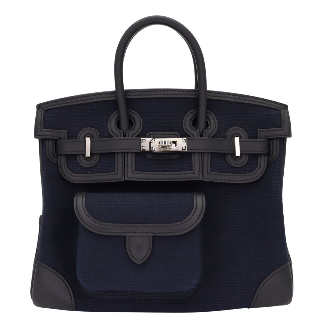 Hermes25cm Birkin Cargo Bleu Marine/ Black Canvas/ Swift Leather Palladium Hardware