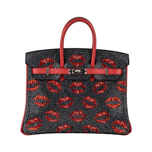 Hermes25cm Birkin Customized "Kiss Me" Lips Swarovski Crystal Palladium Hardware