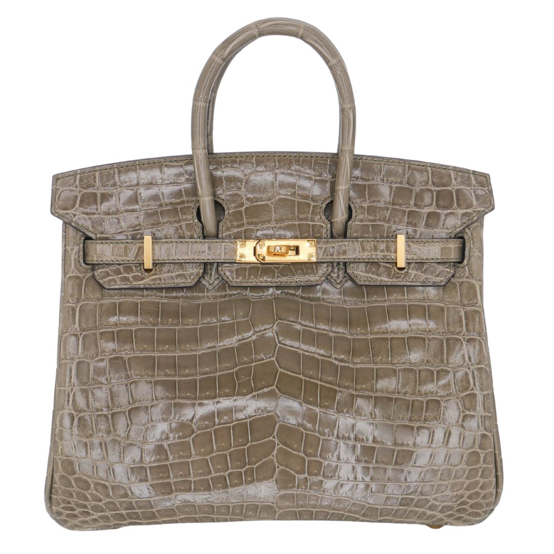 Hermes25cm Birkin Gris Tourterelle Shiny Niloticus Crocodile Gold Hardware