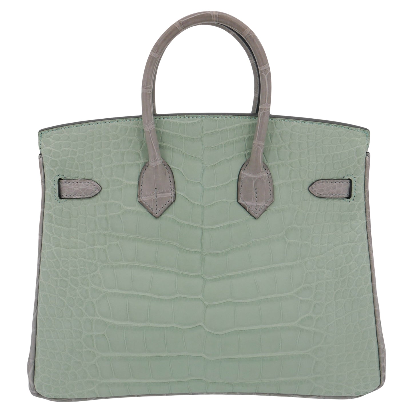 Hermes25cm Birkin HSS Vert D'eau/ Gris Perle Matte Alligator Brushed Gold Hardware