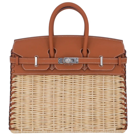 Hermes25cm Birkin Picnic Gold Swift Leather/ Osier Wicker Palladium Hardware
