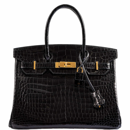 HermesBirkin 30 Black Shiny Porosus Crocodile Gold Hardware