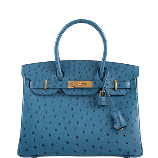 HermesBirkin 30 Blue Colvert Ostrich Gold Hardware