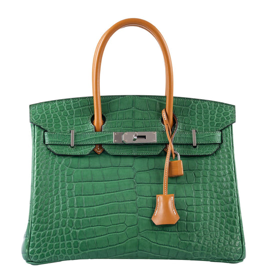 HermesBirkin 30 Cactus Matte Alligator with Natural-Sable Matte Veau Butler and Palladium Hardware
