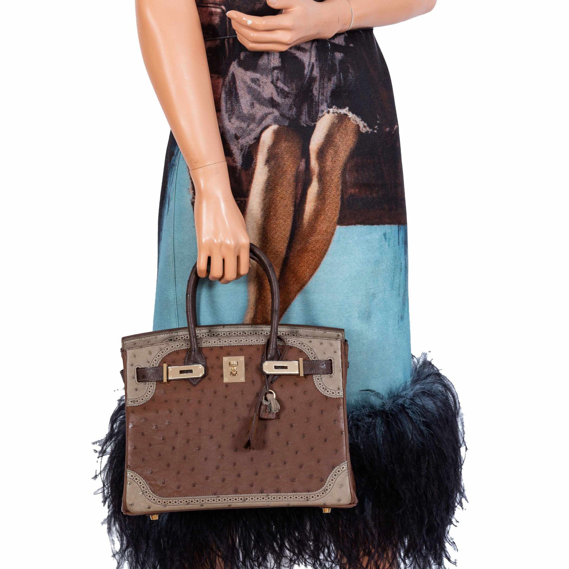 HermesBirkin 30 Ghillies Marron Fonce, Etrusque, Mousse Ostrich Champagne Gold Hardware