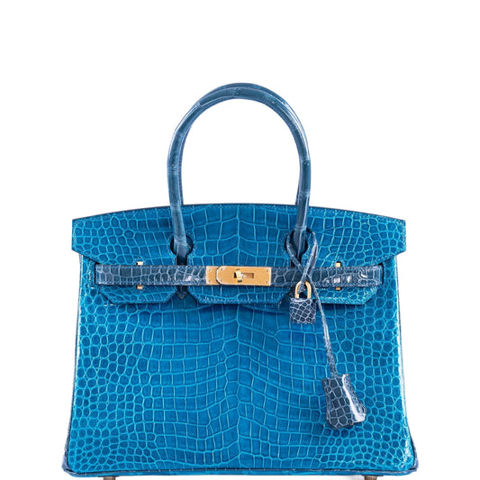 HermesBirkin 30 HSS Blue Izmir and Blue Colvert Porosus Crocodile Brushed Gold Hardware