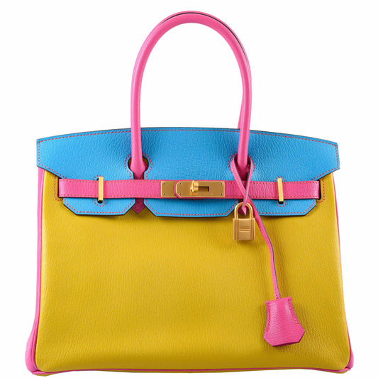 HermesBirkin 30 HSS Rose Lipstick, Blue Aztec & Cumin Chevre Leather Brushed Gold Hardware - 2014, R Squared