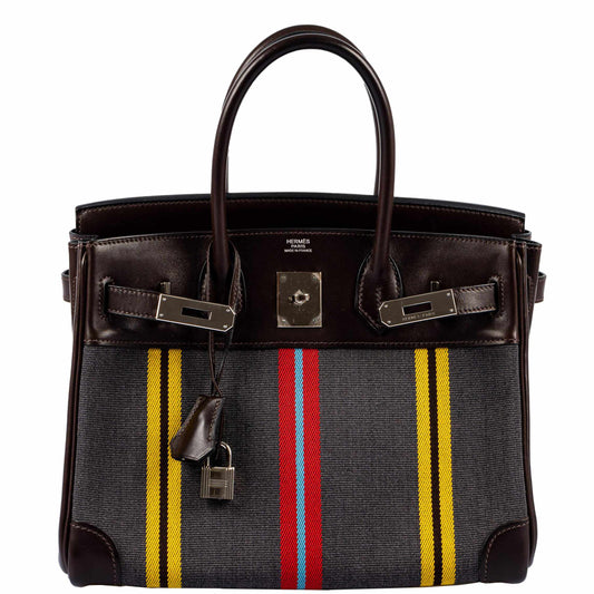 HermesBirkin 30 Marron Fonce Calf & Colorful Wool Jumping Canvas Palladium Hardware