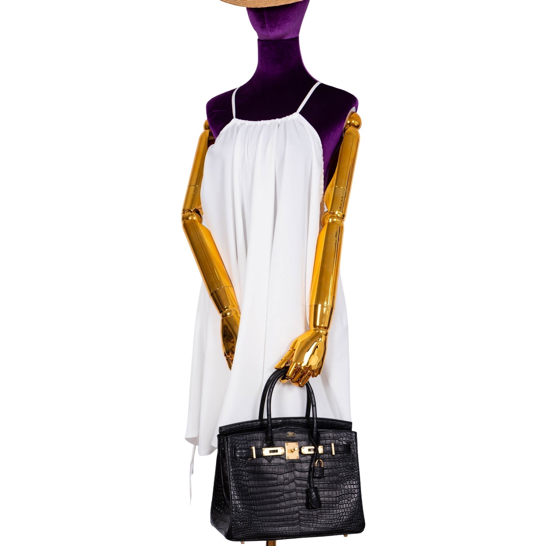 HermesBirkin 30 Matte Black Porosus Crocodile Gold Hardware
