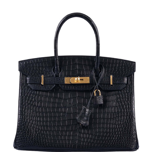 HermesBirkin 30 Matte Black Porosus Crocodile Gold Hardware