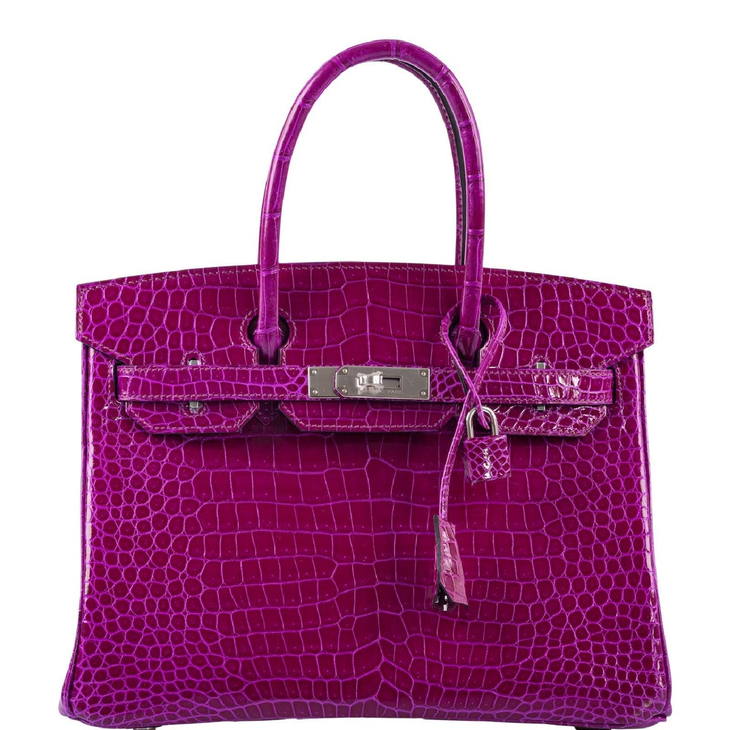 HermesBirkin 30 Rose Pourpre Shiny Porosus Crocodile Palladium Hardware