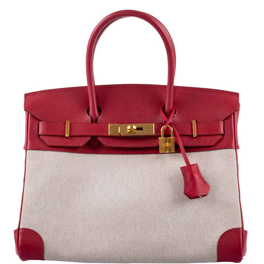 HermesBirkin 30 Toile & Rouge Vif Courchevel Leather Gold Hardware