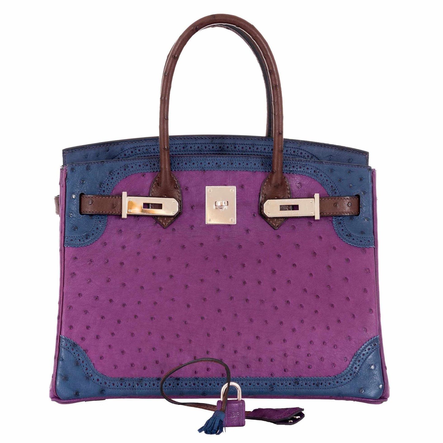 HermesBirkin 30 Tri Color Ostrich Violine Blue De Malt And Marron Palladium Hardware