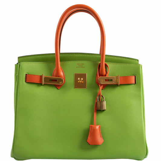 HermesBirkin 30 Vert Cru & Orange H Gulliver Leather Gold Hardware